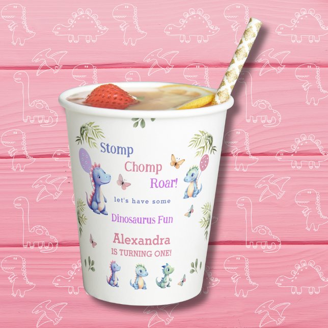 Niedlich Pink Girl Dinosaur 1. Geburtstag Party Pappbecher (Von Creator hochgeladen)