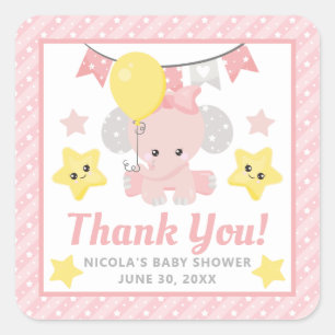 Niedlich Pink Girl Elephant Baby Dusche Quadratischer Aufkleber