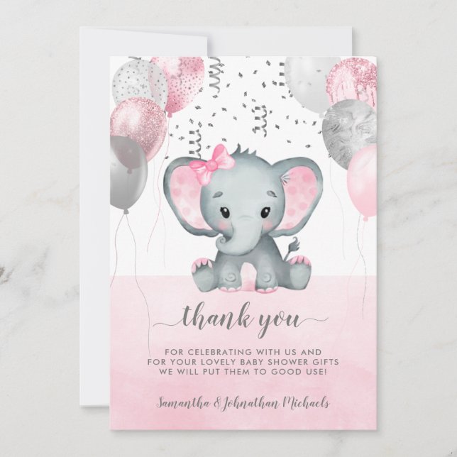 Niedlich Pink Girl Elephant Balloons Babydusche Dankeskarte (Vorderseite)