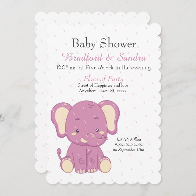 Niedlich Pink Girl Elephant Simple Baby Dusche Einladung (Vorne/Hinten)