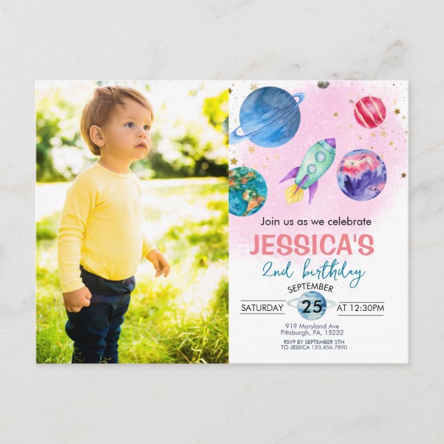 Niedlich Pink Girl Party Astronaut Geburtstag Einl Postkarte (Vorderseite)