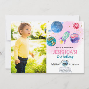 Niedlich Pink Girl Party Astronaut Geburtstag Einladung