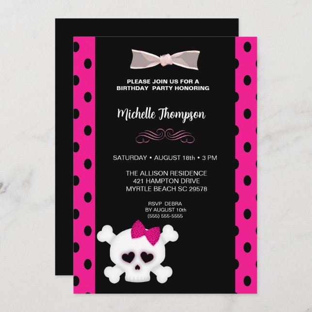 Niedlich Pink Girls Skull Einladung zum Geburtstag (Vorne/Hinten)