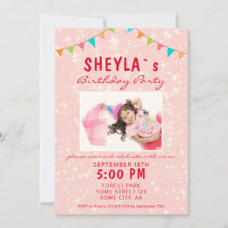Niedlich Pink Glitzer Girly Birthday Party Foto Einladung