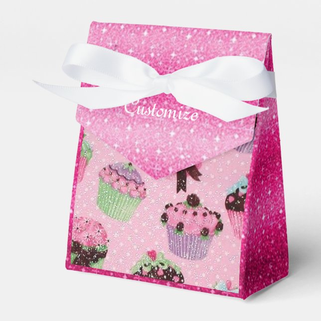 Niedlich Pink Glitzern Cupcake Gefallen Box Geschenkschachtel (Vorderseite)