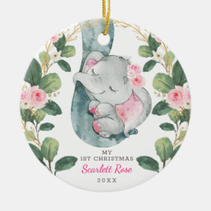 Niedlich Pink Gold Floral Baby Elefantengrün Keramik Ornament