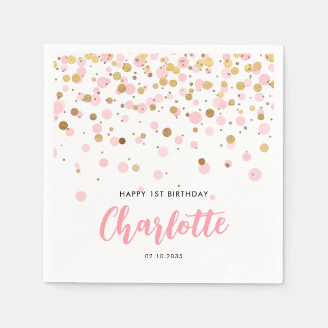 Niedlich Pink Gold Glitzer Confetti Dots Kindergeb Serviette (Vorderseite)