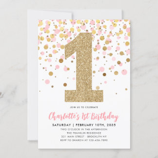 Niedlich Pink Gold Glitzer Confetti Girl 1. Geburt Einladung