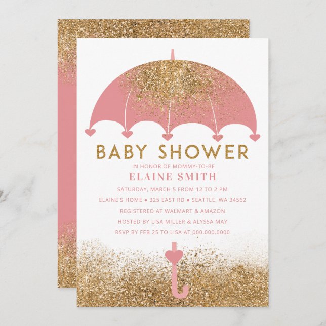 Niedlich Pink Gold Glitzer Umbrella Baby Dusche Einladung (Vorne/Hinten)