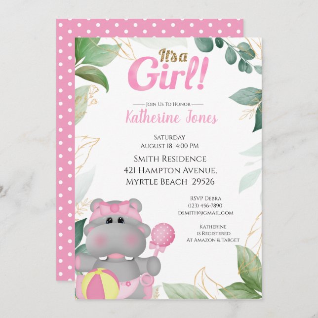 Niedlich Pink Gold Hippo Kinderdusche Einladung (Vorne/Hinten)