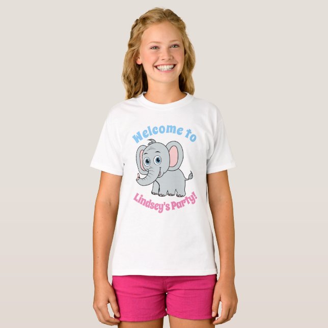 Niedlich Pink & Gray Blue Mit Augen Cartoon Elefan T-Shirt (Vorne ganz)