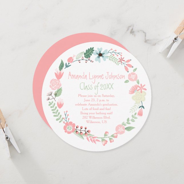 Niedlich Pink Green Blume Kranz Abschluss laden ei Einladung (Vorderseite/Rückseite Beispiel)
