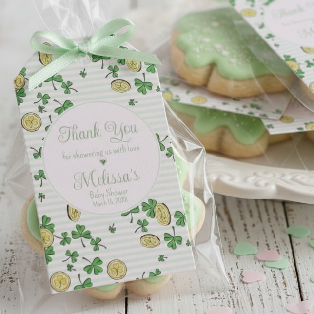 Niedlich Pink Green Clovers & Lucky Coins Vielen D Geschenkanhänger (Cute Shamrocks Thank You Pink Green St Patrick's Day Irish Baby Shower Favor Tags for Mother to Be)