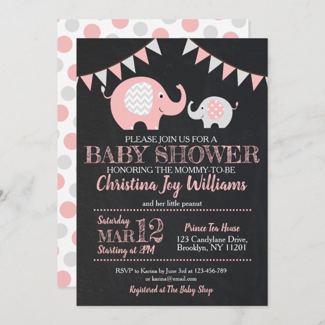 Niedlich Pink Grey Elephant Baby Dusche Einladung (Vorne/Hinten)