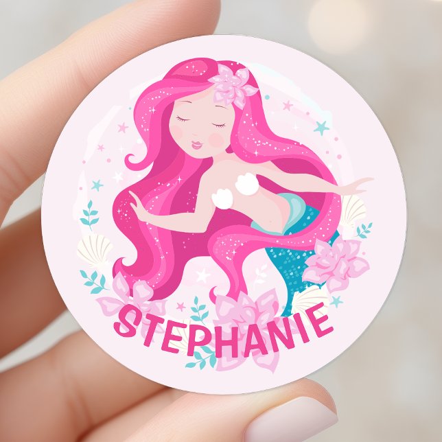 Niedlich Pink Hair Mermaid Girls Fantasy Personali Runder Aufkleber (Von Creator hochgeladen)