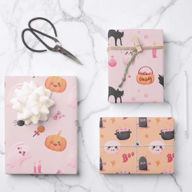 Niedlich Pink Halloween Party Geschenkpapier Set (Vorderseite)