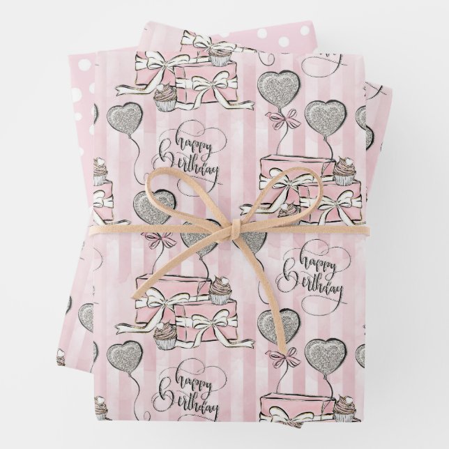 Niedlich Pink Happy Birthday Pattern Geschenkpapier Set (Beispiel)