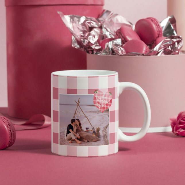 Niedlich Pink Heart Gingham Custom Foto Christmas Kaffeetasse (Von Creator hochgeladen)