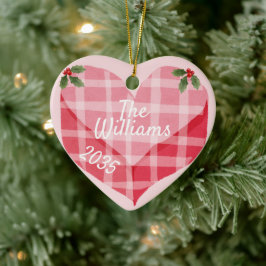 Niedlich Pink Heart Gingham Custom Foto Christmas Keramik Ornament
