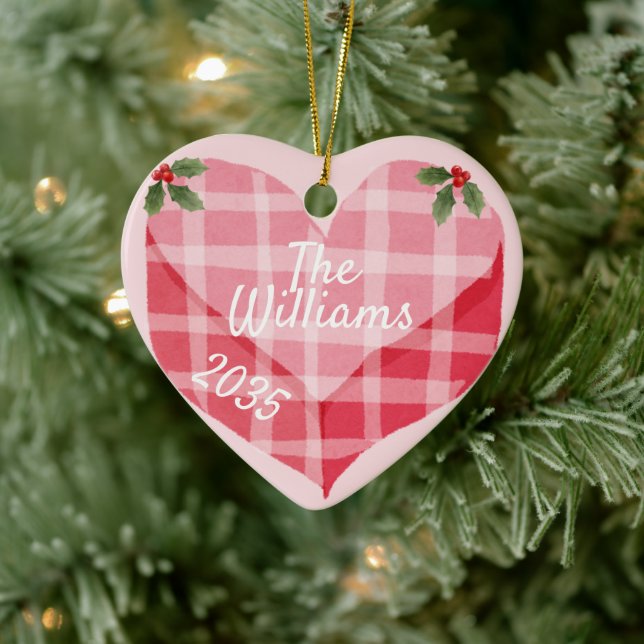 Niedlich Pink Heart Gingham Custom Foto Christmas Keramik Ornament (Baum)