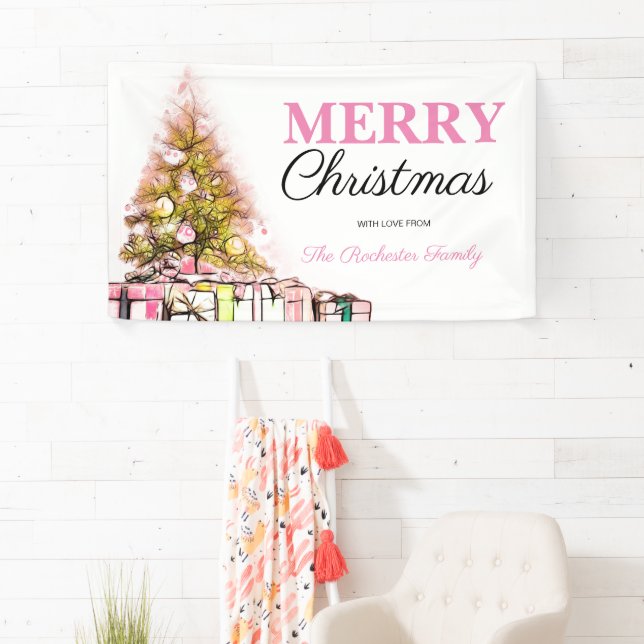 Niedlich Pink Holiday Tree Frohe Weihnachten Party Banner (Insitu)