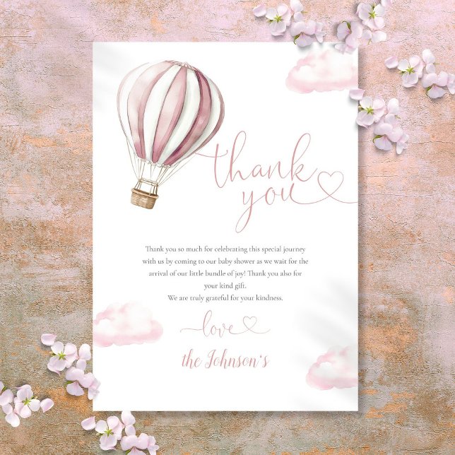 Niedlich Pink Hot Air Ballon Babydusche Dankeskarte (Cute Pink Hot Air Balloon Baby Shower Thank You Card)
