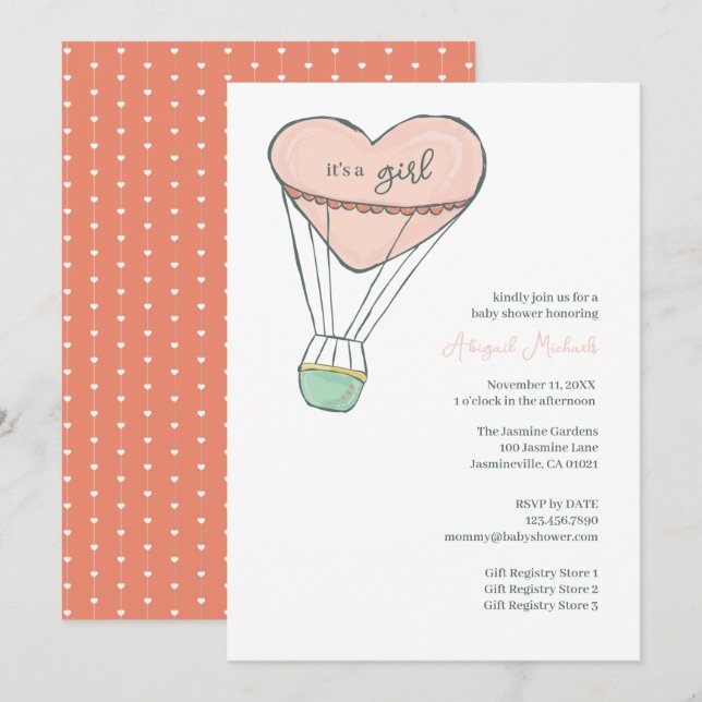 Niedlich Pink Hot Air Ballon Es ist eine Girl Baby Einladung (Vorne/Hinten)