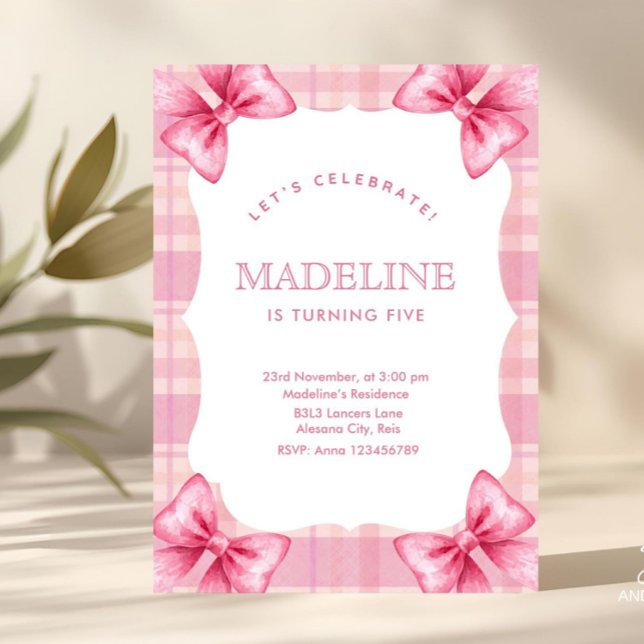 Niedlich Pink Kariert & Bow Coquette Girl Geburtst Einladung (Von Creator hochgeladen)