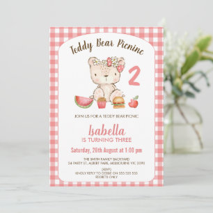 Niedlich Pink Kariert Teddy Bear Picnic Geburtstag Einladung