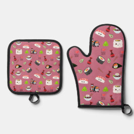 Niedlich Pink Kawaii Sushi Gemustert Ofenhandschuh & Topflappen-Set