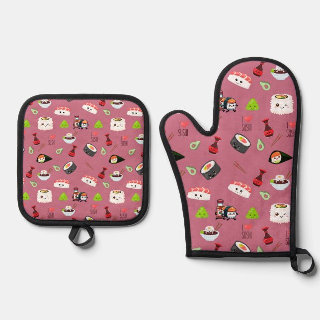 Niedlich Pink Kawaii Sushi Gemustert Ofenhandschuh & Topflappen-Set (Vorderseite)