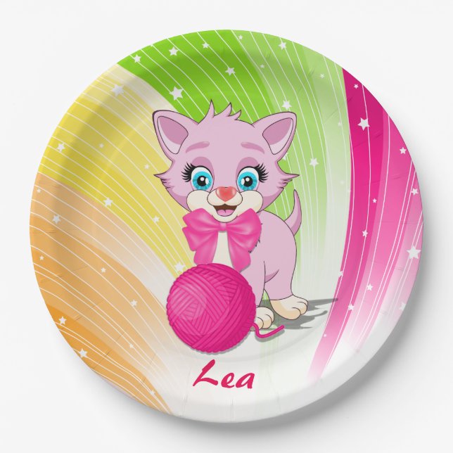 Niedlich Pink Kitten Cartoon Pappteller (Vorderseite)