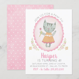 Niedlich Pink Kitty Cat Girl Geburtstag Einladung