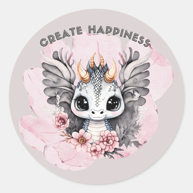 Niedlich Pink Kleiner Drache "Create Happiness" Runder Aufkleber (Vorderseite)