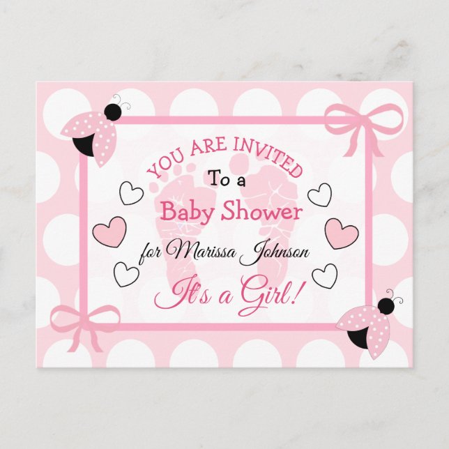 Niedlich Pink Ladybug Girl's Baby Shower laden ein Postkarte (Vorderseite)