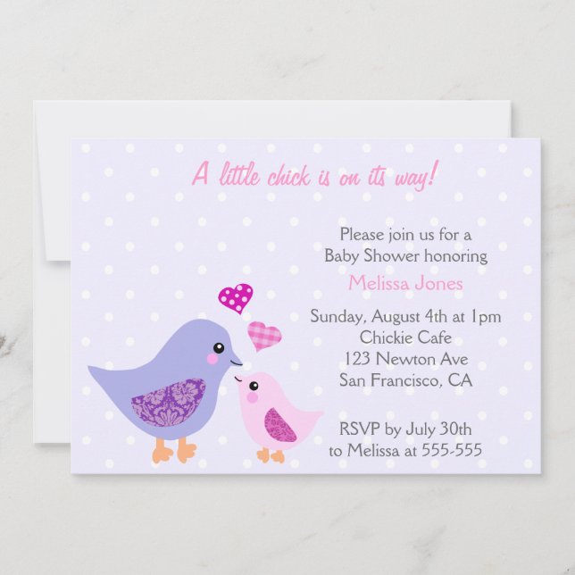 Niedlich Pink & Lila Bird Baby Dusche Einladung (Vorderseite)