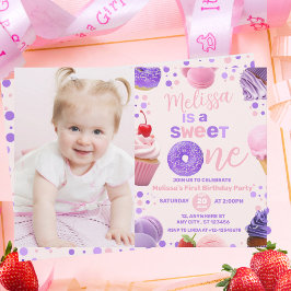 Niedlich Pink Lila Sweet One Girl's Birthday Foto Einladung