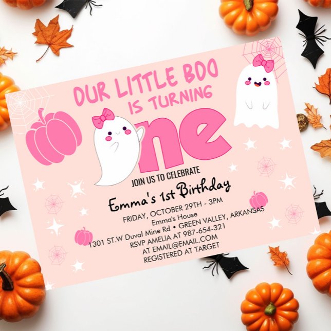 Niedlich Pink Little Boo Halloween Erster Geburtst Einladung (Von Creator hochgeladen)
