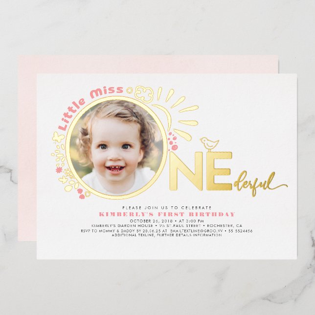 Niedlich Pink Little Miss Onederful 1. Geburtstag  Folieneinladung (Vorderseite/Rückseite)