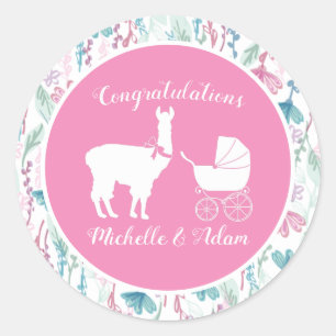 Niedlich Pink Llama Girl Babydusche Runder Aufkleber