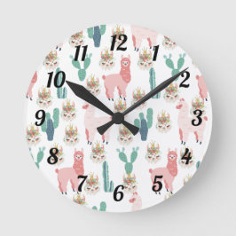 Niedlich Pink Llamas und Green Cactus Baby Kids Runde Wanduhr
