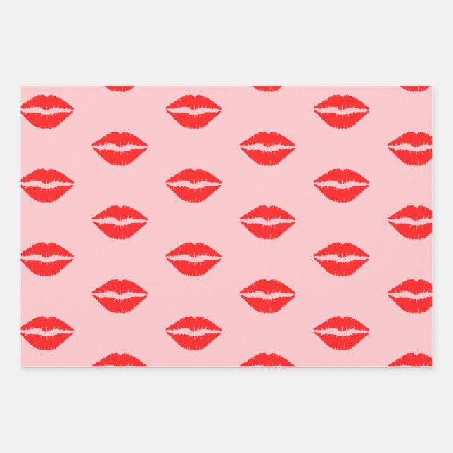 Niedlich Pink Luscious Red Lips Lipstick-Muster Geschenkpapier Set (Vorderseite)