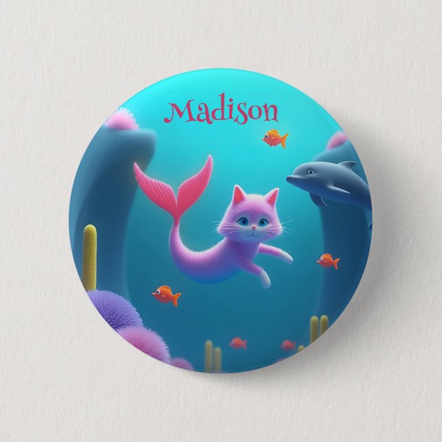 Niedlich Pink Mermaid Kitten Button (Vorderseite)
