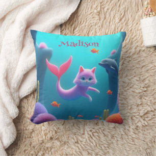 Niedlich Pink Mermaid Kitten Kissen