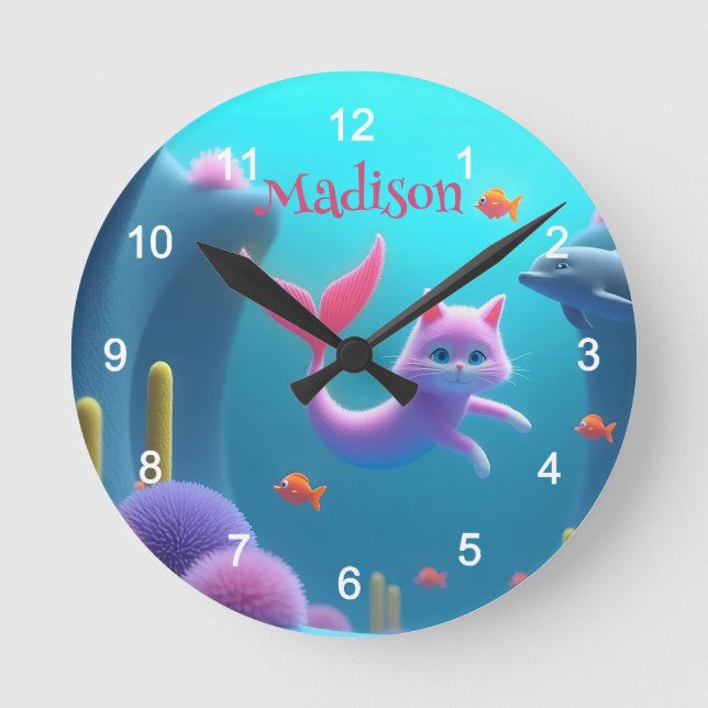 Niedlich Pink Mermaid Kitten Runde Wanduhr (Vorderseite)