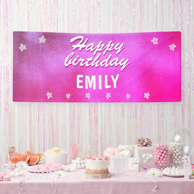 Niedlich Pink Metallic Star Girly Happy Birthday Banner (Party)