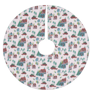Niedlich Pink Nordic Skaten Village Weihnachtsmust Polyester Weihnachtsbaumdecke