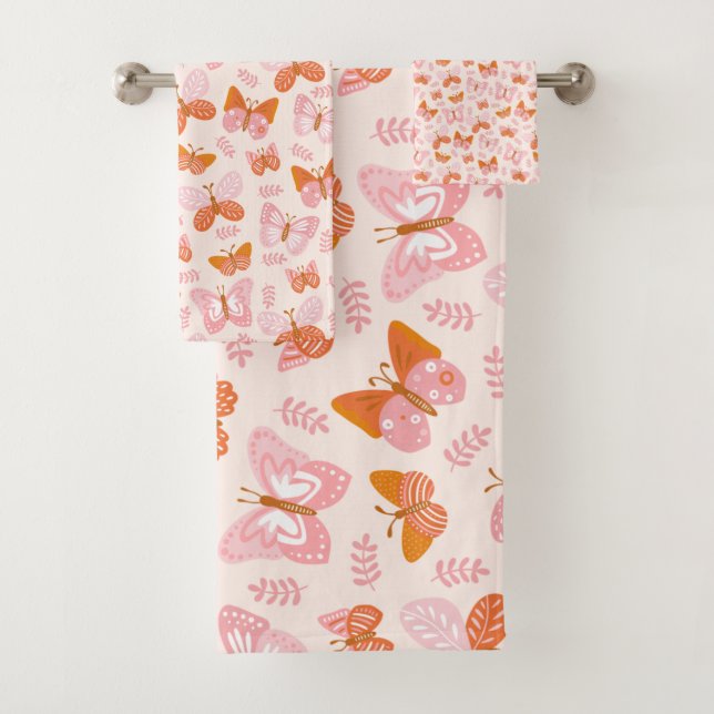 Niedlich Pink Orange Boho Schmetterlingsmuster Badhandtuch Set (Insitu)