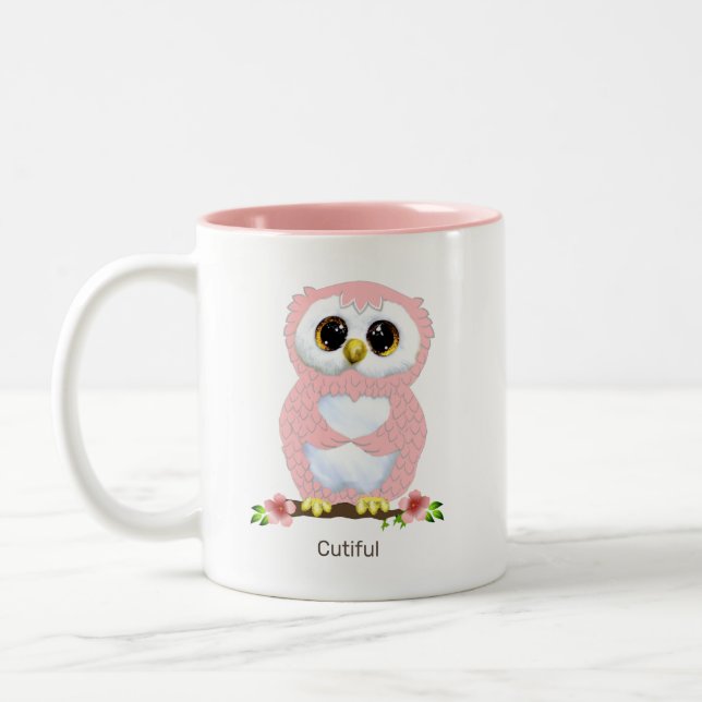Niedlich Pink Owl Cartoon & Kalligrafie Zweifarbige Tasse (Links)