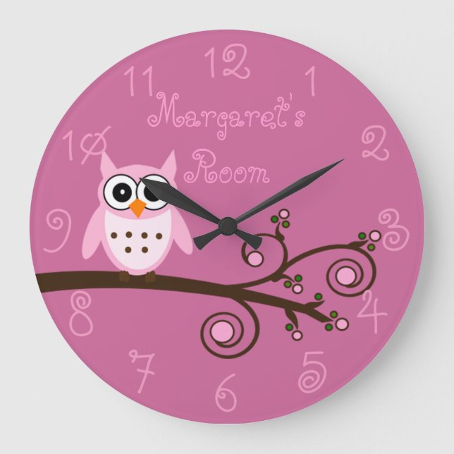 Niedlich Pink Owl Personalisiert Girl's Room Große Wanduhr (Vorderseite)